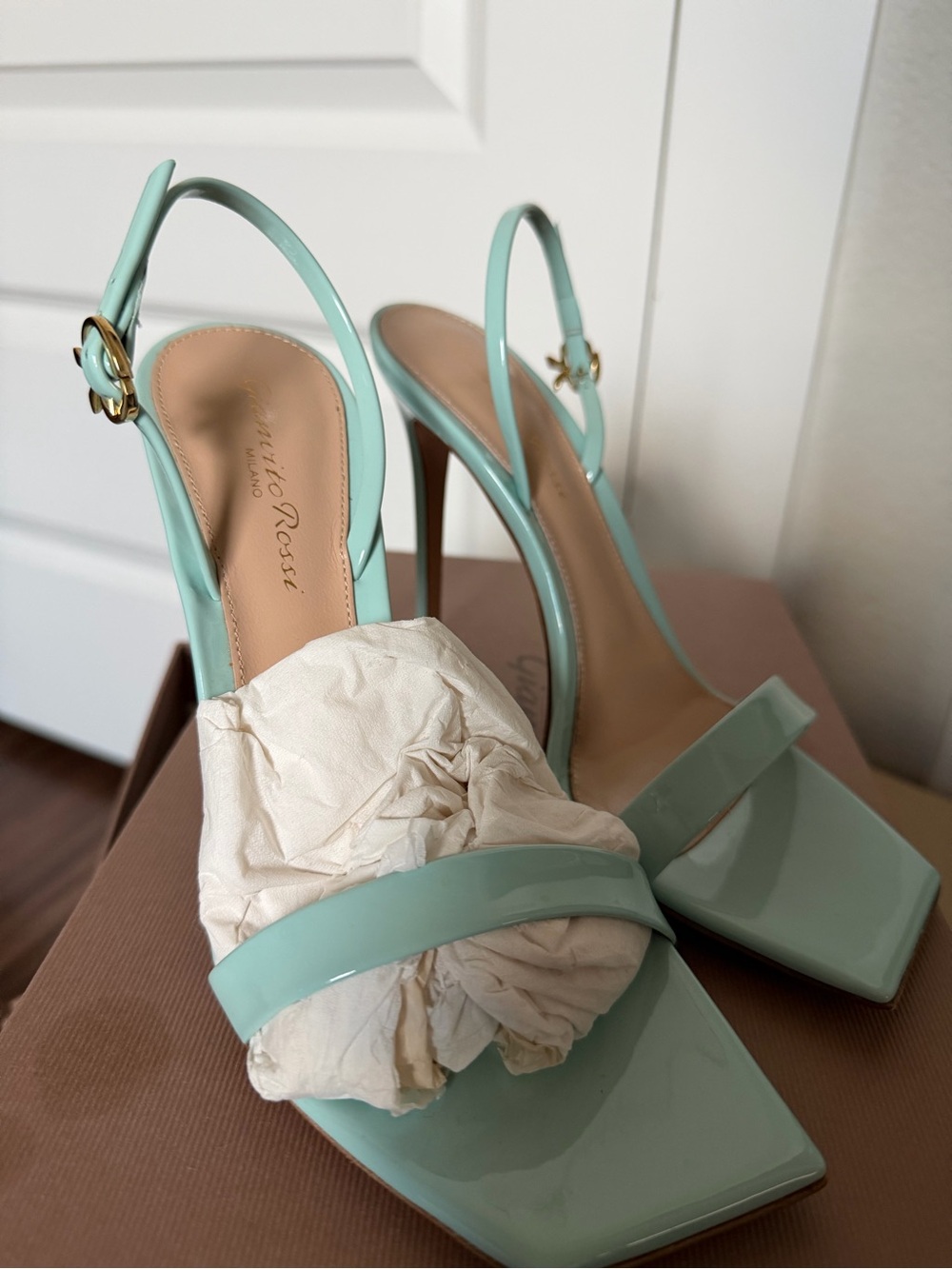 Gianvito Rossi 105MM Ribbon Patent Leather Slingback Sandals